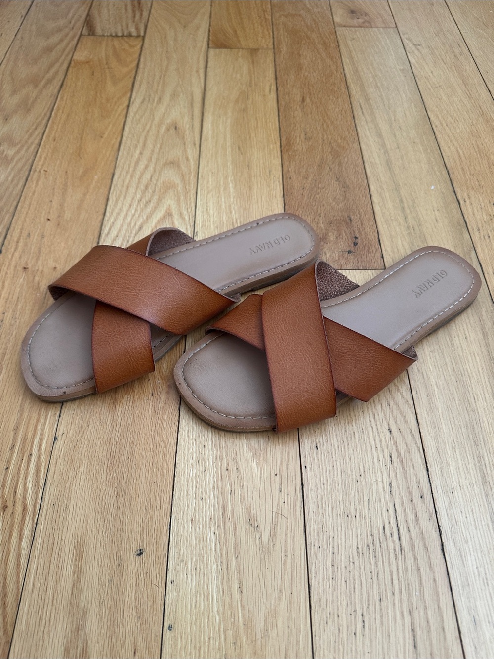 Old Navy ~ Leather, Tan Brown Crisscross Slide Mules